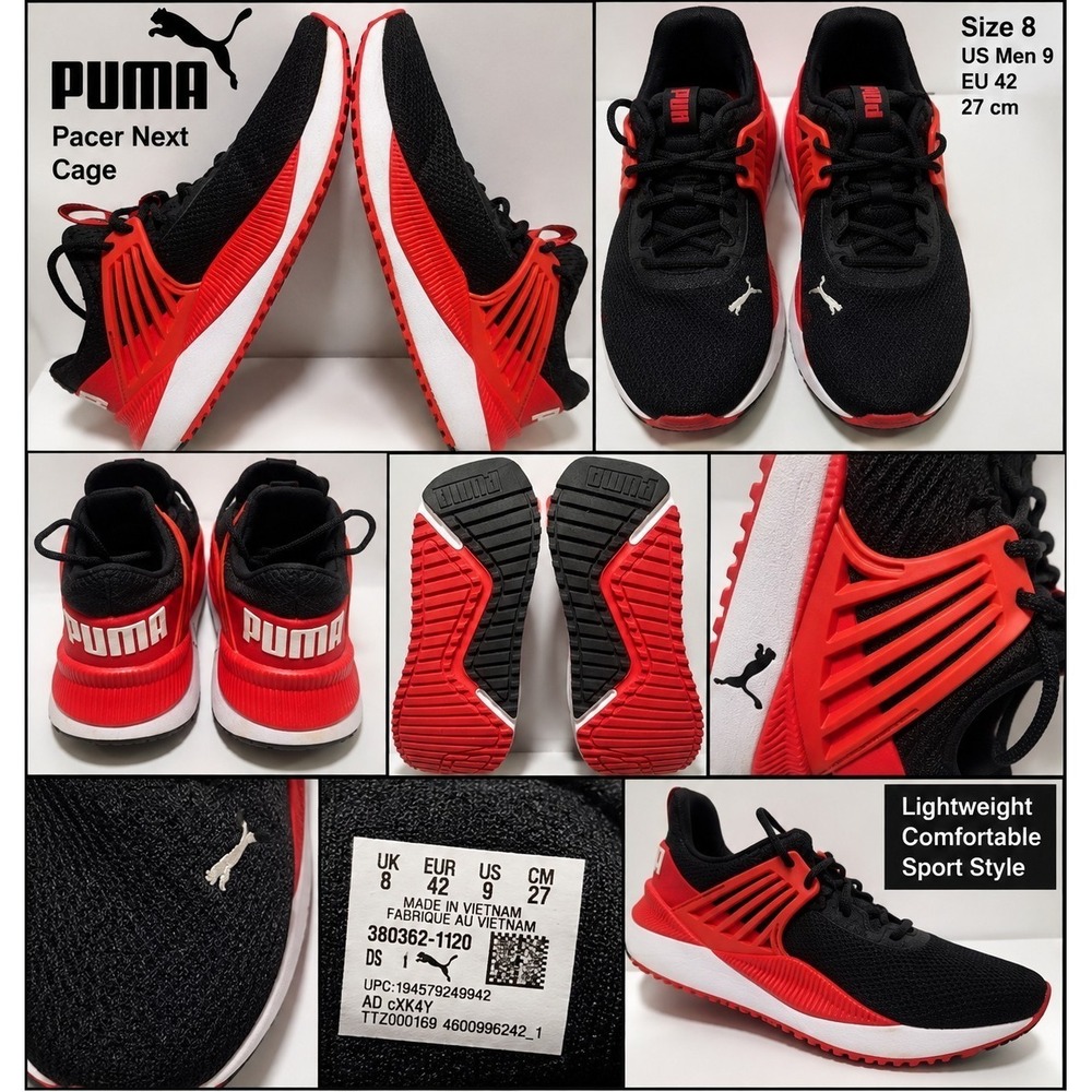 PUMA Pacer Next Cage Men's Running Shoes Black Red Size 9 380362-1120
